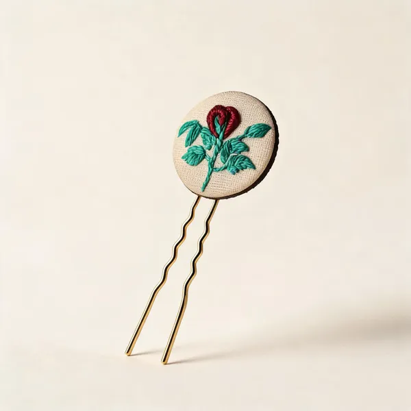 Maroon_Cotton_Embroidered_Rose_Bud_Branch_Round_Hair_Pin_For_Women