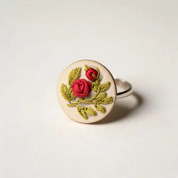 Bright_Red_Cotton_Embroidered_Rose_Branch_Round_Adjustable_Ring_For_Women