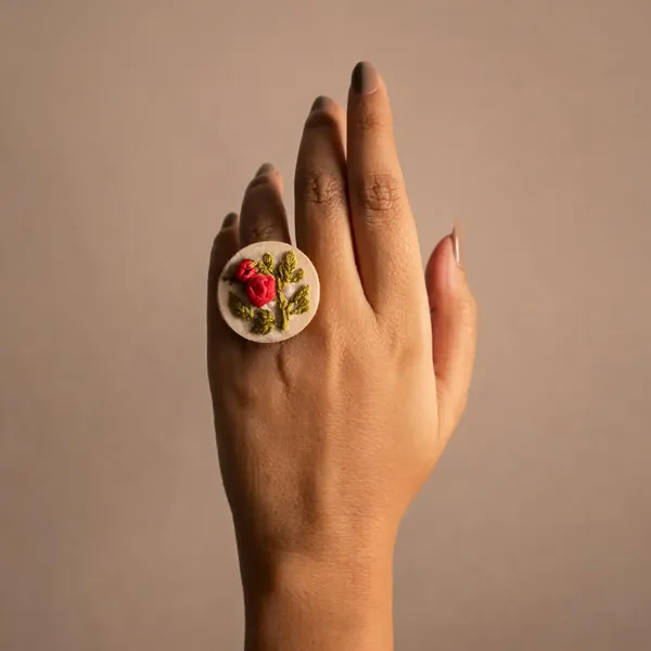 Bright_Red_Cotton_Embroidered_Rose_Branch_Round_Adjustable_Ring_For_Women