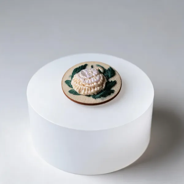 Off_White_Cotton_Embroidered_Rose_Branch_Round_Brooch_Pin_For_Women
