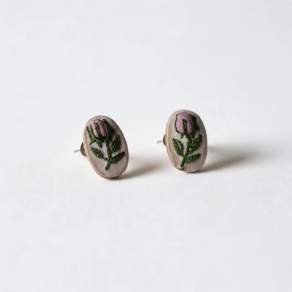 Mauve_Cotton_Embroidered_Rose_Buds_Branch_Oval_Stud_Earrings_For_Women