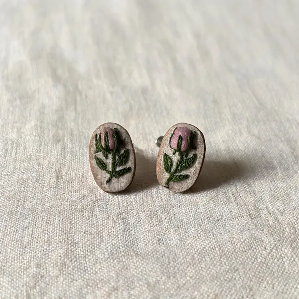 Mauve_Cotton_Embroidered_Rose_Buds_Branch_Oval_Stud_Earrings_For_Women