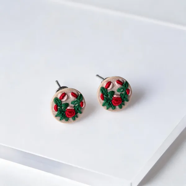 Orange_Cotton_Embroidered_Dual_Tone_Rose_Buds_Branch_Stud_Earrings_For_Women