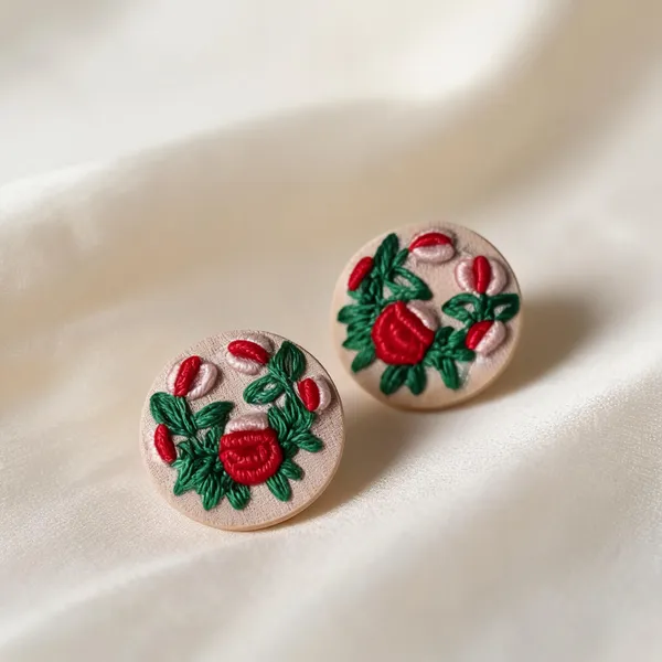 Orange_Cotton_Embroidered_Dual_Tone_Rose_Buds_Branch_Stud_Earrings_For_Women