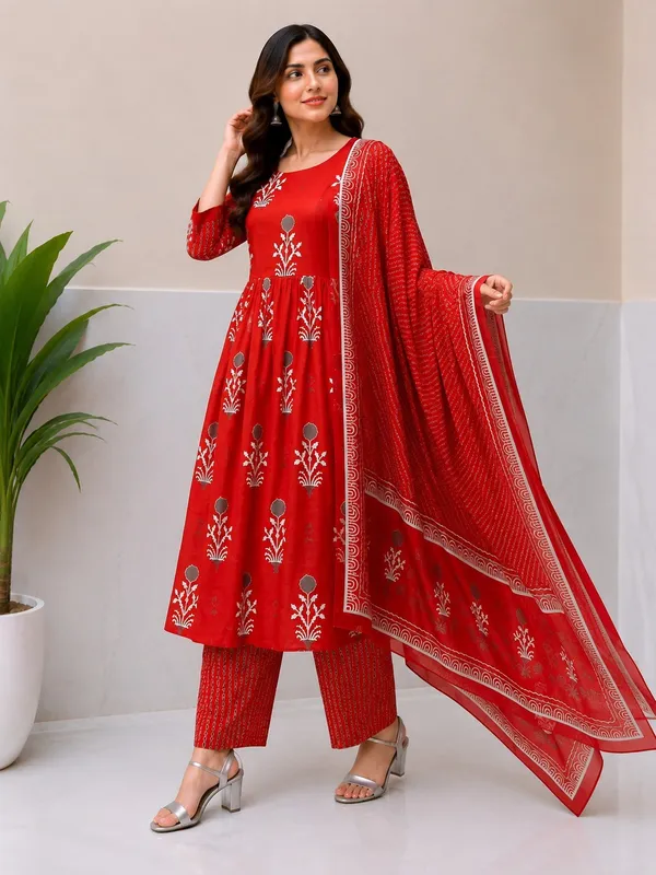 Red_Rayon_Kurta_Pant__And__Dupatta_For_Women