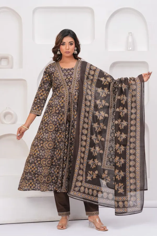 Brown_Cotton_60/60_Kurta_Pant__And__Dupatta_For_Women