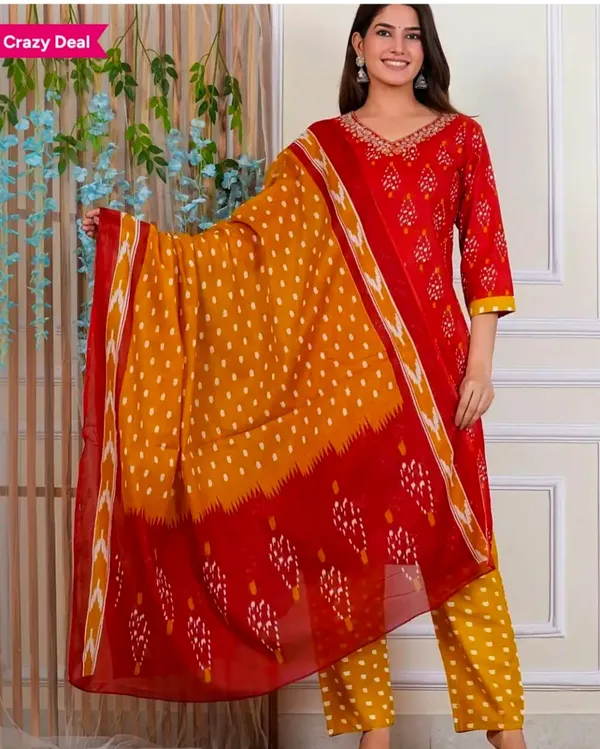 Red_Rayon_Kurta_Pant__And__Dupatta_For_Women
