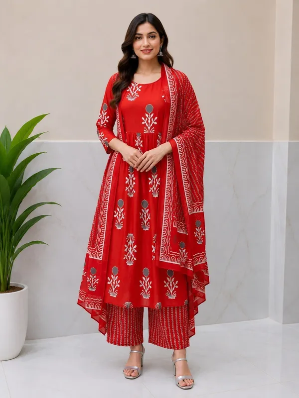 Red_Rayon_Kurta_Pant__And__Dupatta_For_Women