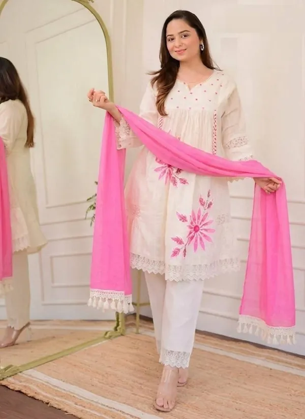 White__And_Pink_Cotton_60/60_Kurta_Pant__And__Dupatta_For_Women