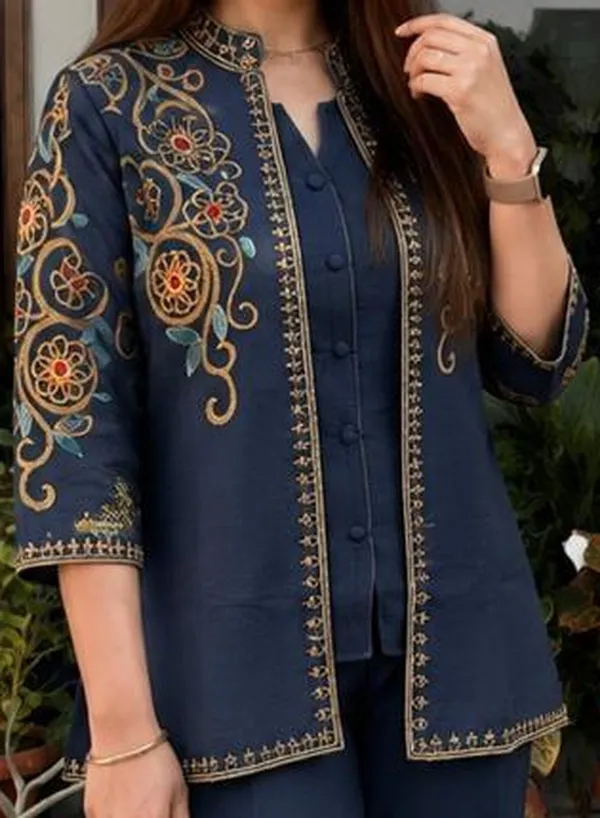 Dark_Blue_Cotton_60/60_Top_Pant__And__Jacket_For_Women