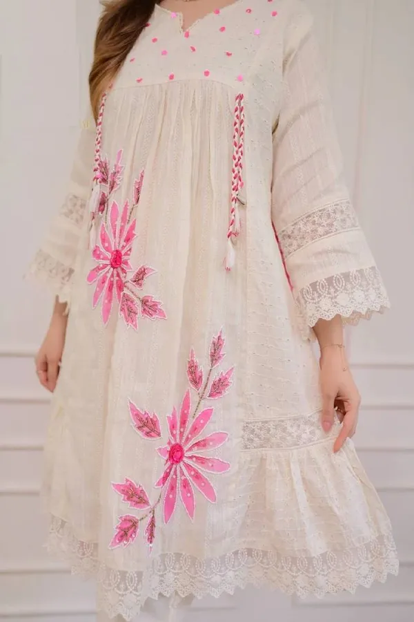 White__And_Pink_Cotton_60/60_Kurta_Pant__And__Dupatta_For_Women