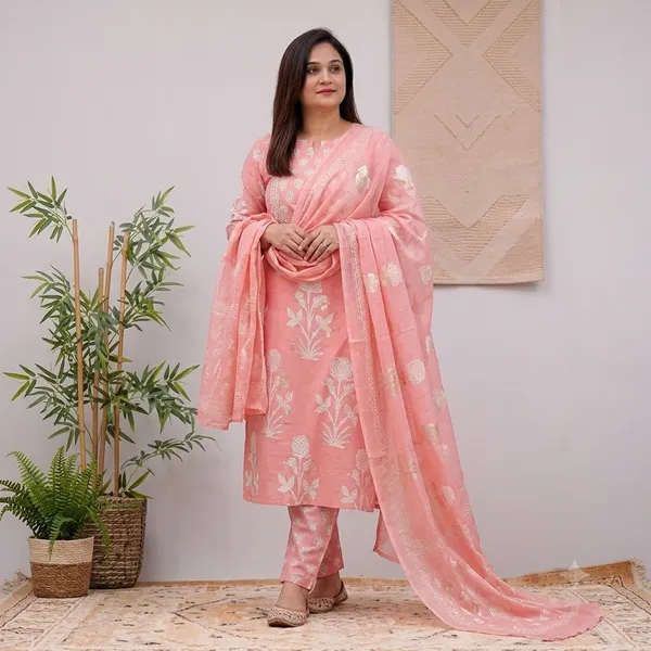 Baby_Pink_Cotton_60/60_Kurta_Pant__And__Dupatta_For_Women