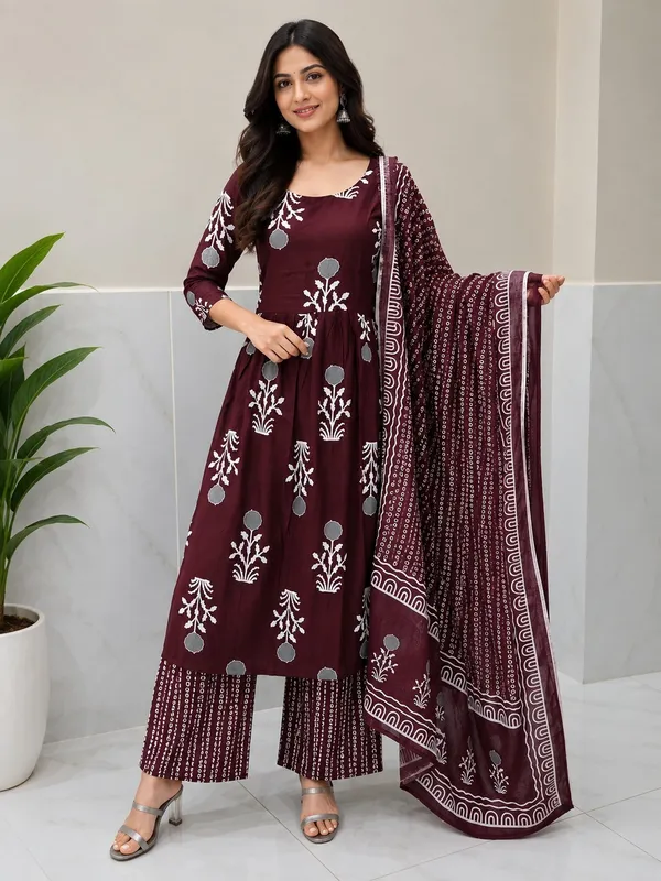 Wine_Rayon_Kurta_Pant__And__Dupatta_For_Women