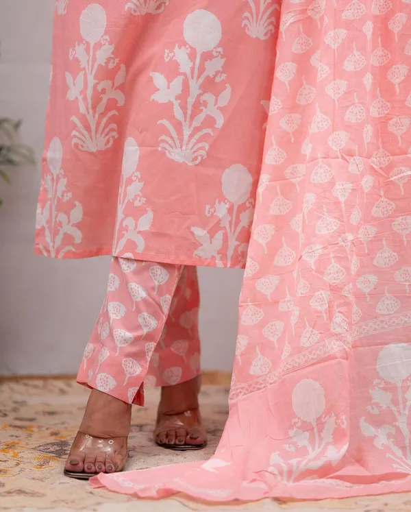 Baby_Pink_Cotton_60/60_Kurta_Pant__And__Dupatta_For_Women