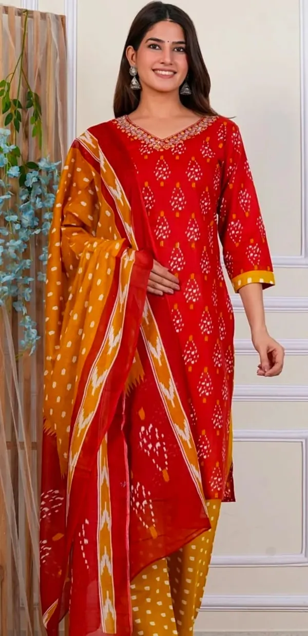 Red_Rayon_Kurta_Pant__And__Dupatta_For_Women