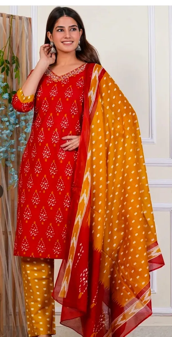 Red_Rayon_Kurta_Pant__And__Dupatta_For_Women