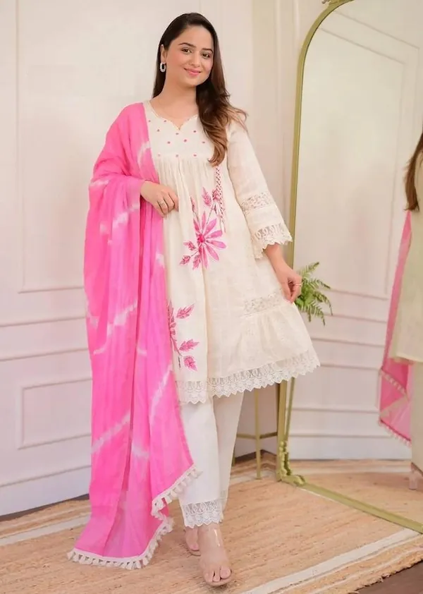 White__And_Pink_Cotton_60/60_Kurta_Pant__And__Dupatta_For_Women