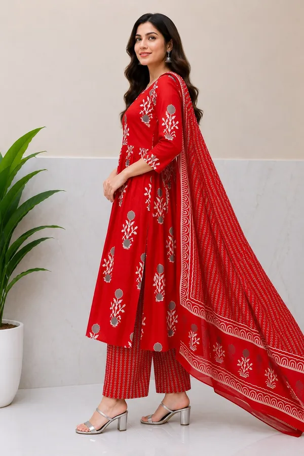 Red_Rayon_Kurta_Pant__And__Dupatta_For_Women