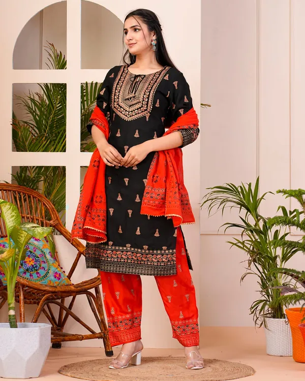 Black_Rayon_Kurta_Pant__And__Dupatta_For_Women
