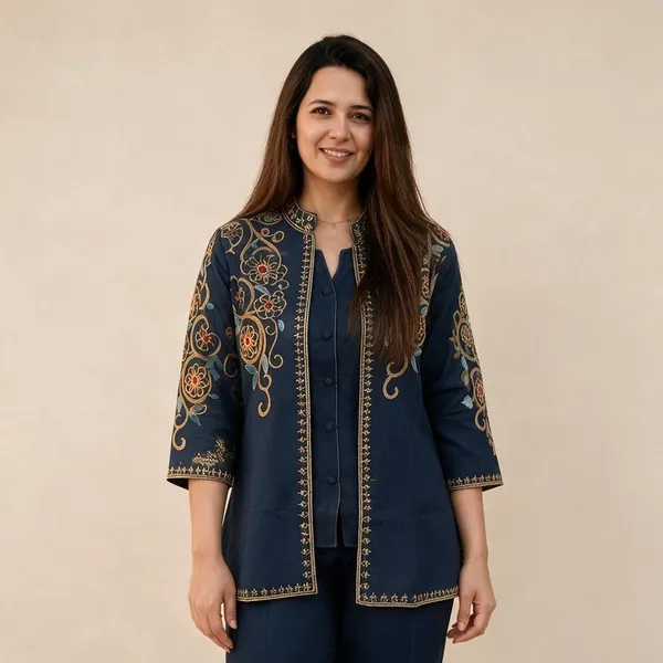 Dark_Blue_Cotton_60/60_Top_Pant__And__Jacket_For_Women