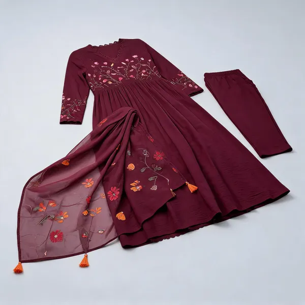 Maroon_Cotton_60/60_Kurta_Pant__And__Dupatta_For_Women