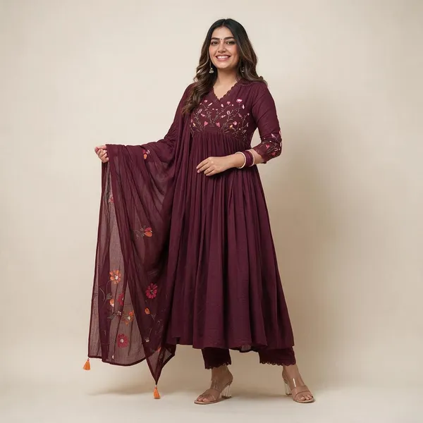 Maroon_Cotton_60/60_Kurta_Pant__And__Dupatta_For_Women