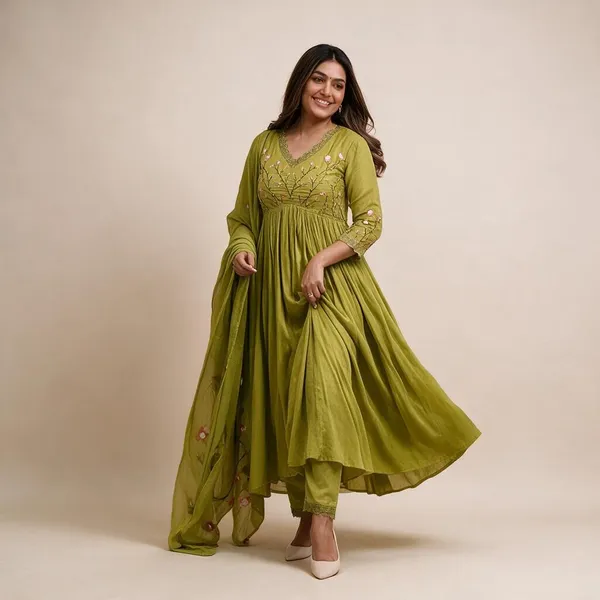Green_Cotton_60/60_Kurta_Pant__And__Dupatta_For_Women
