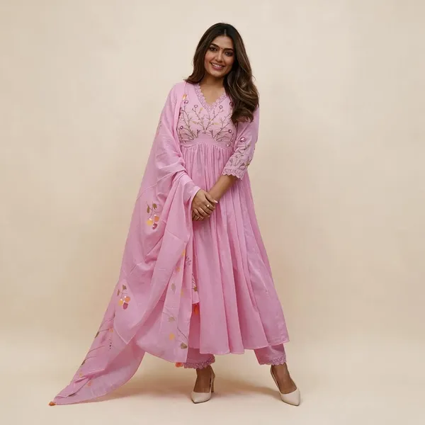 Pink_Cotton_60/60_Kurta_Pant__And__Dupatta_For_Women