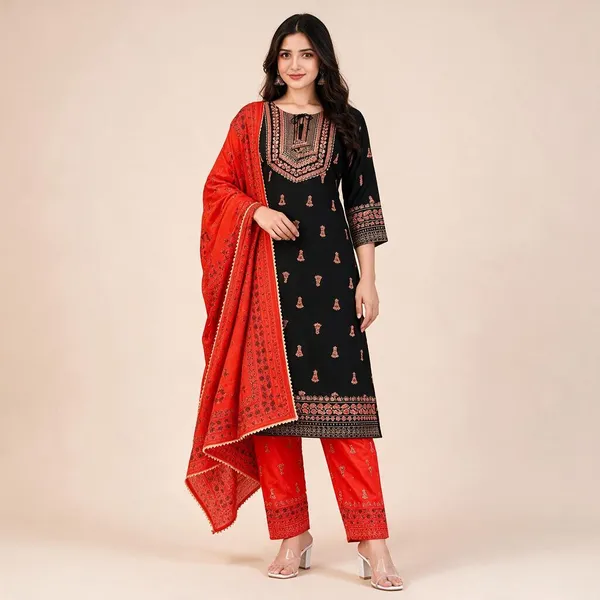 Black_Rayon_Kurta_Pant__And__Dupatta_For_Women