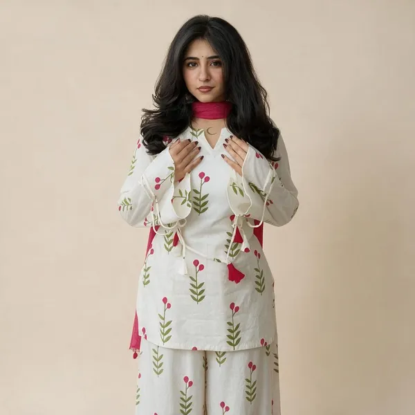 Natural_White_Cotton_60/60_Kurta_Pant__And__Dupatta_For_Women