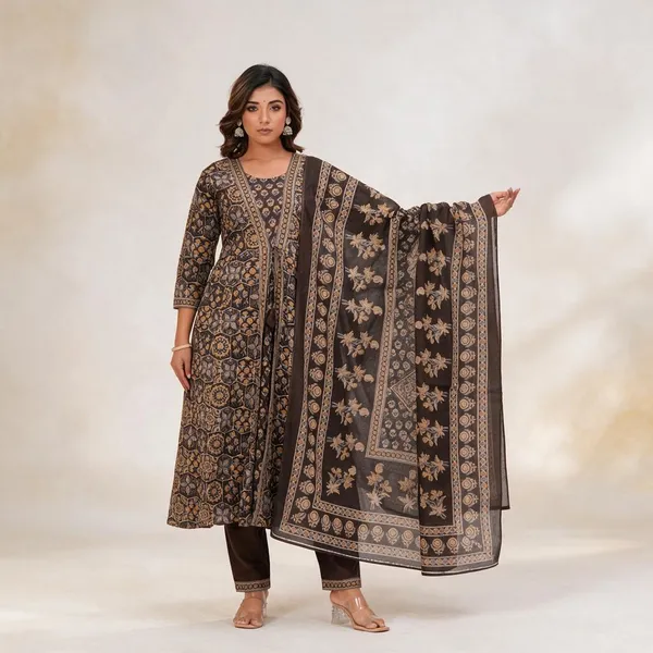 Brown_Cotton_60/60_Kurta_Pant__And__Dupatta_For_Women