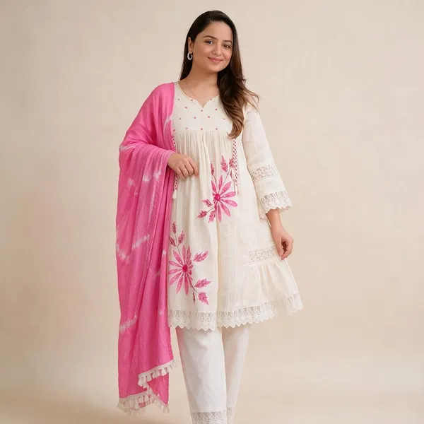 White__And_Pink_Cotton_60/60_Kurta_Pant__And__Dupatta_For_Women