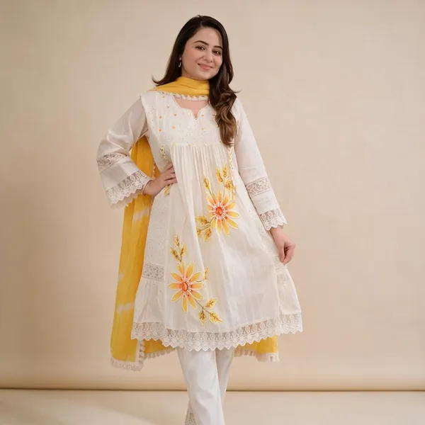 Natural_White_Cotton_60/60_Kurta_Pant__And__Dupatta_For_Women