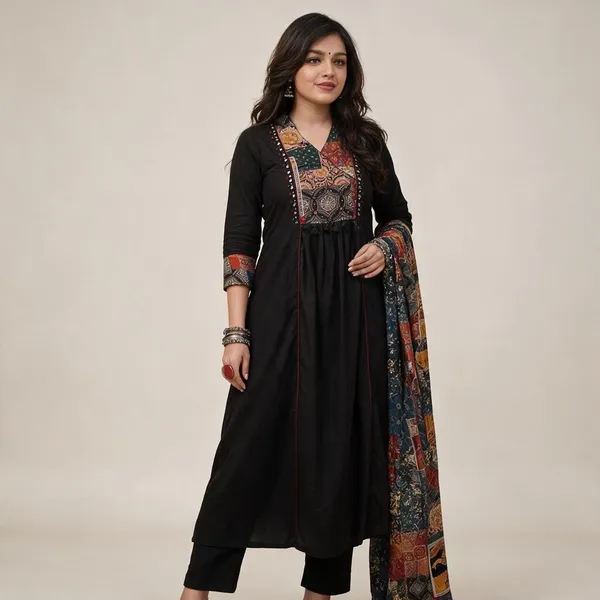 Black_Cotton_60/60_Kurta_Pant__And__Dupatta_For_Women