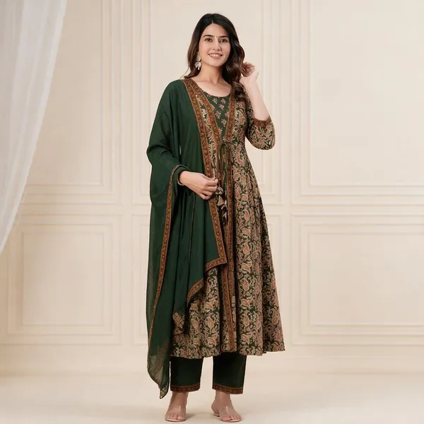 Green_Cotton_60/60_Kurta_Pant__And__Dupatta_For_Women