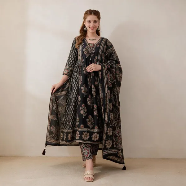 Black_Cotton_60/60_Kurta_Pant__And__Dupatta_For_Women