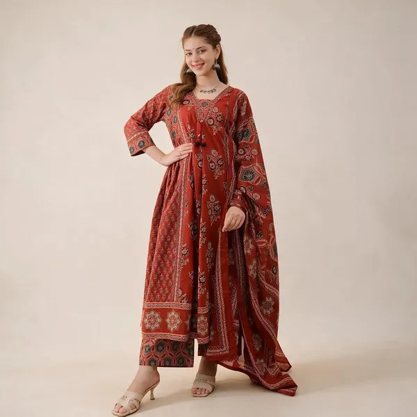 Maroon__And_Rust_Cotton_60/60_Kurta_Pant__And__Dupatta_For_Women