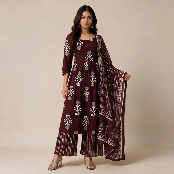Wine_Rayon_Kurta_Pant__And__Dupatta_For_Women