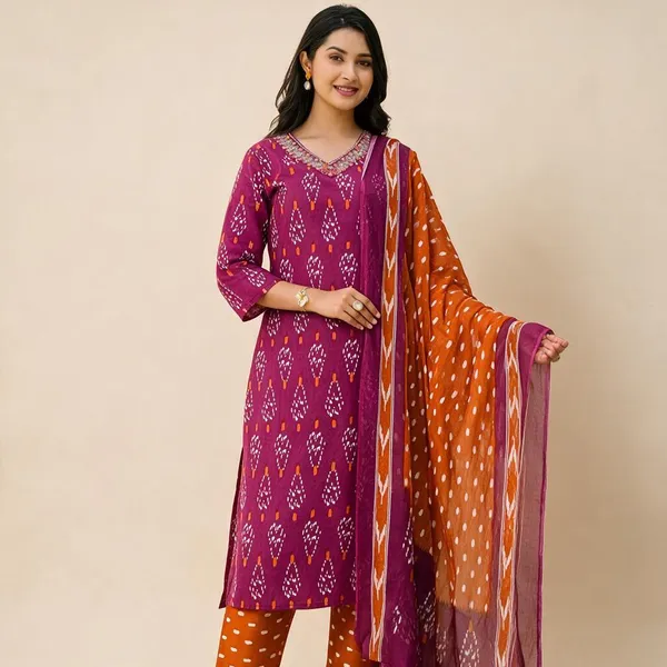 Rust__And_Orange_Rayon_Kurta_Pant__And__Dupatta_For_Women
