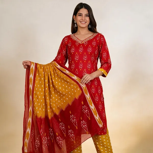 Red_Rayon_Kurta_Pant__And__Dupatta_For_Women