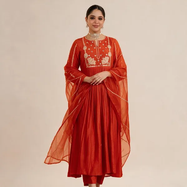 Orange_Cotton_60/60_Kurta_Pant__And__Dupatta_For_Women