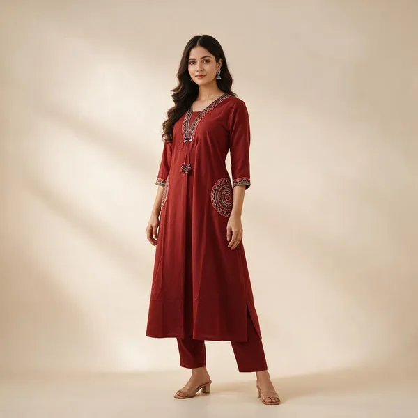 Maroon_Cotton_Flex_Kurta__And__Pant_For_Women