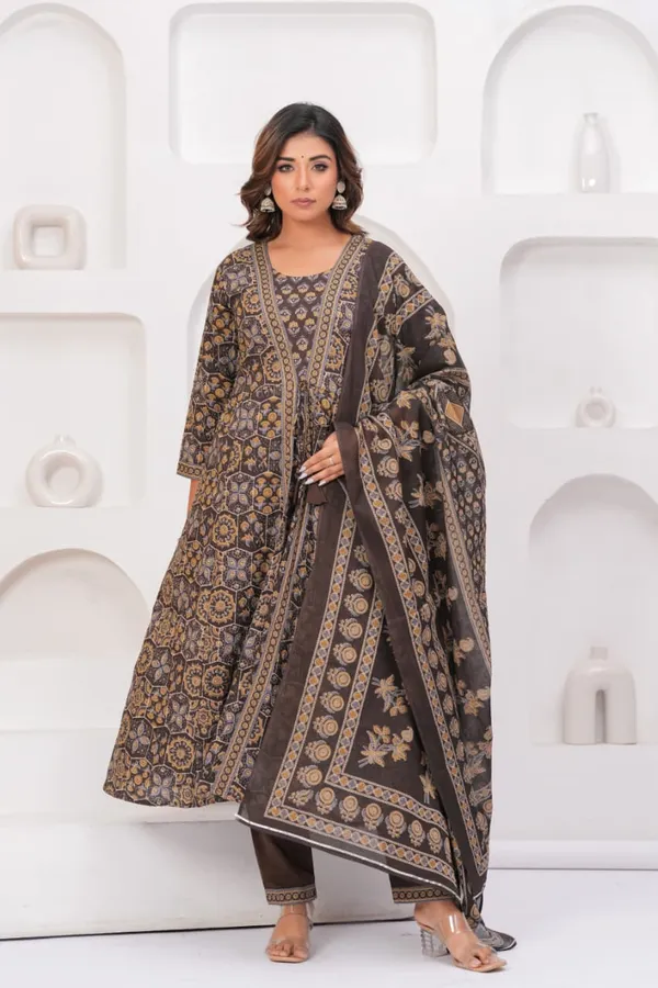 Brown_Cotton_60/60_Kurta_Pant__And__Dupatta_For_Women