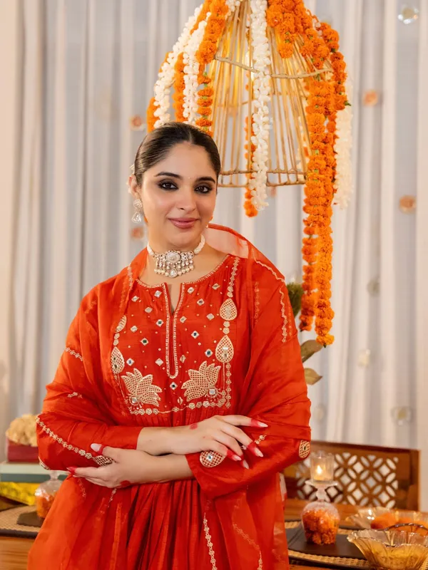 Orange_Cotton_60/60_Kurta_Pant__And__Dupatta_For_Women