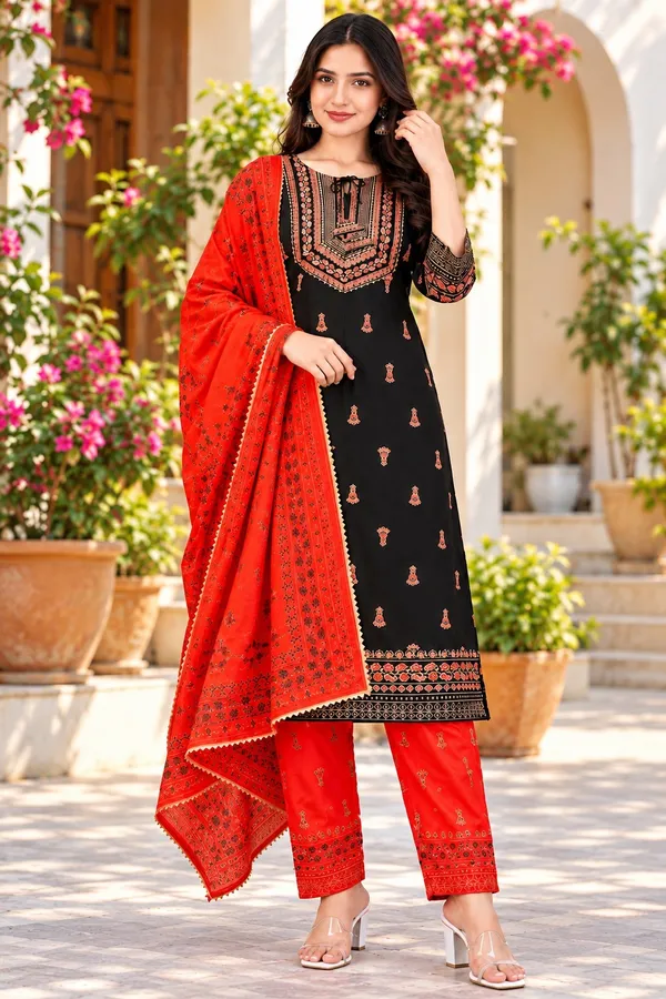 Black_Rayon_Kurta_Pant__And__Dupatta_For_Women