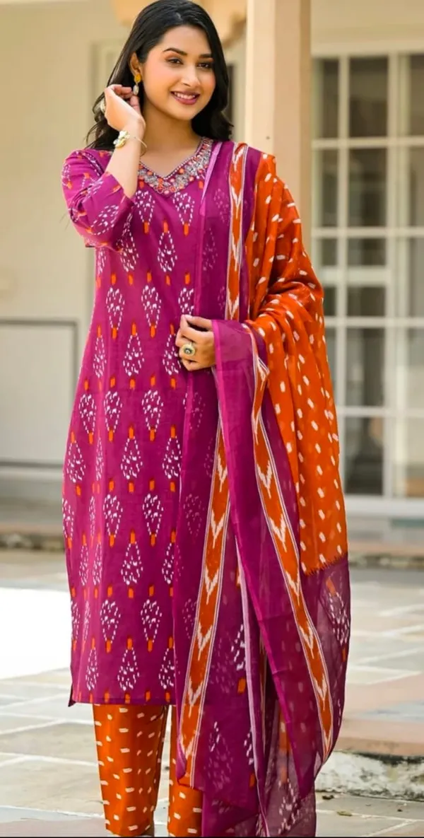 Rust__And_Orange_Rayon_Kurta_Pant__And__Dupatta_For_Women
