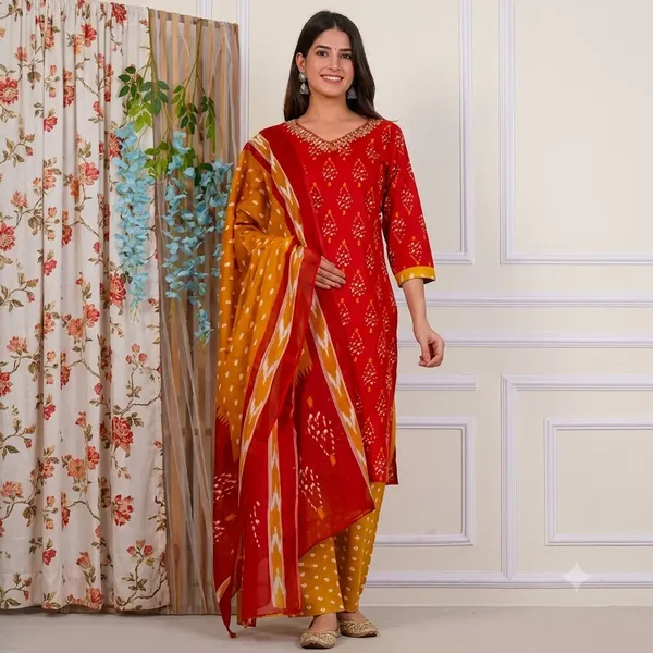 Red_Rayon_Kurta_Pant__And__Dupatta_For_Women
