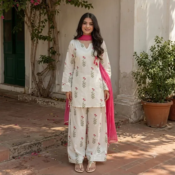 Natural_White_Cotton_60/60_Kurta_Pant__And__Dupatta_For_Women