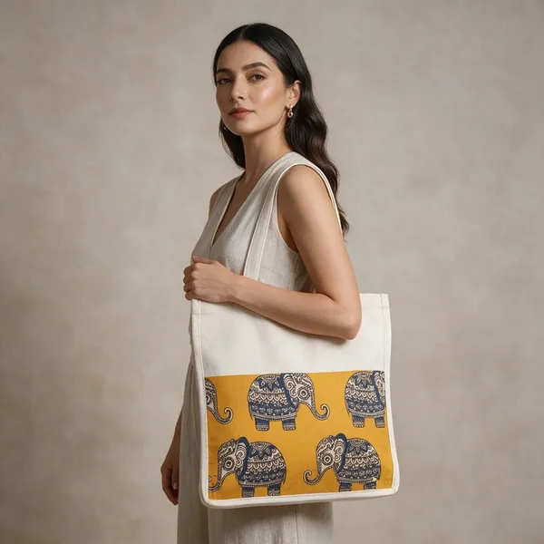 Cream_Canvas_Elephant_Print_Tote_Bag_For_Women