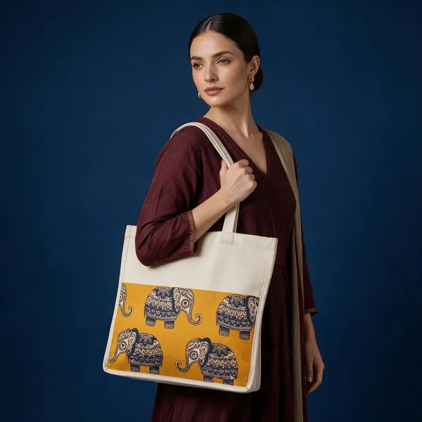 Cream_Canvas_Elephant_Print_Tote_Bag_For_Women